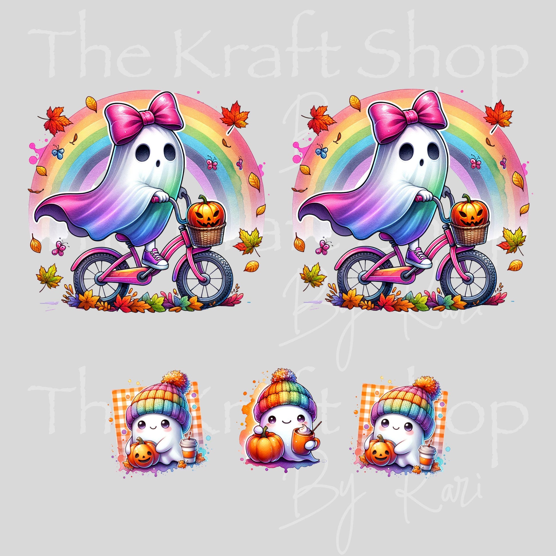 UV DTF 40 oz ready to apply Pink Bow Ghost Riding a Bike and Rainbows wrap decal , quencher tumbler decal #3217