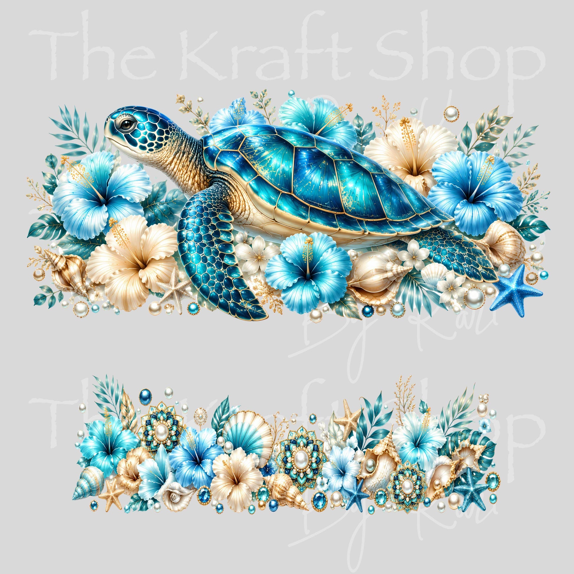 UV DTF 40 oz ready to apply Blue Pearls Turtle and flowers wrap decal , quencher tumbler decal #3219
