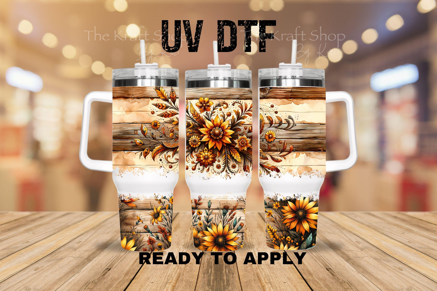 UV DTF 40 oz ready to apply Sunflowers Wood Distressed wrap decal , quencher tumbler decal #3222