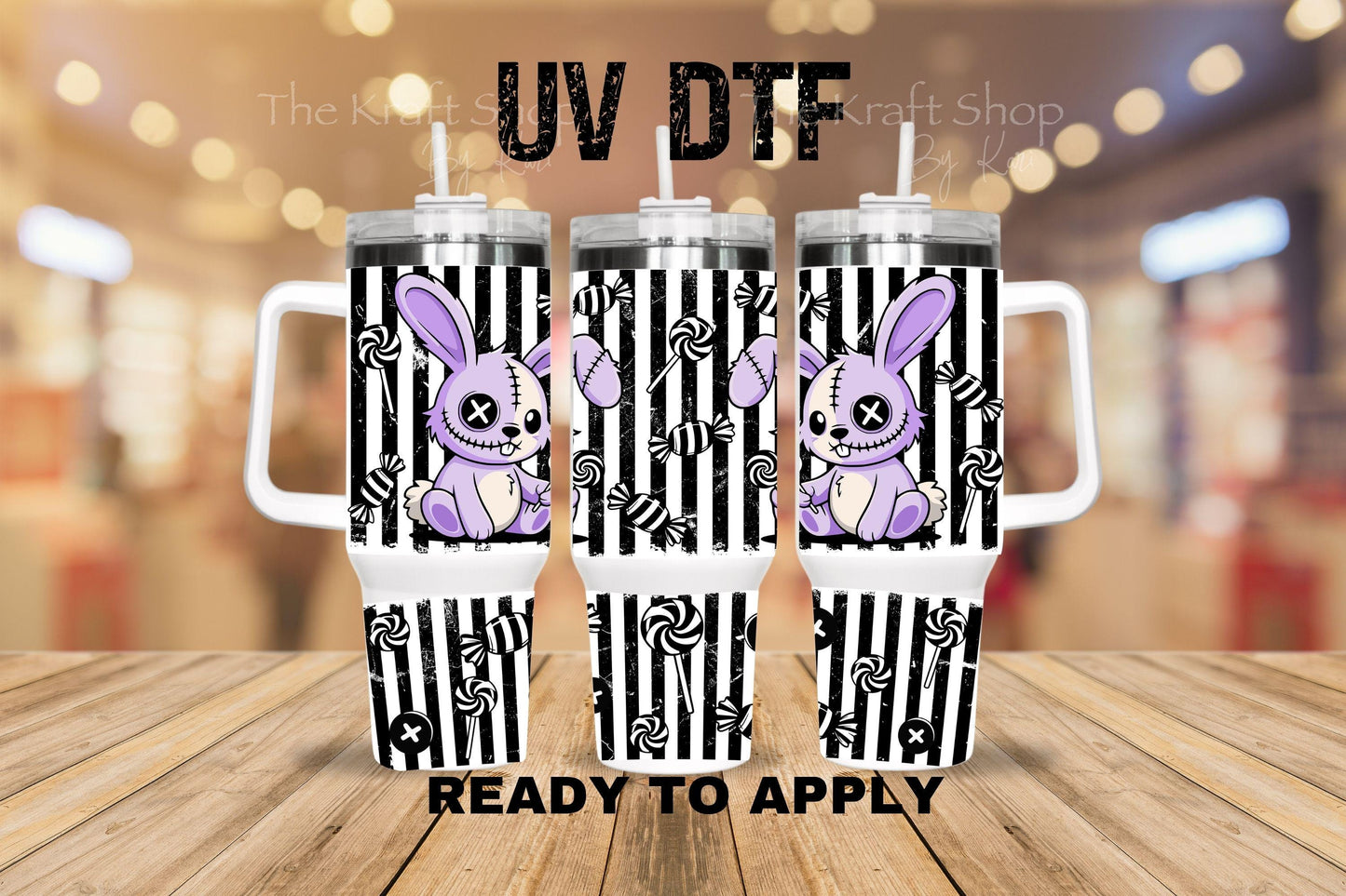 UV DTF 40 oz ready to apply Voodoo Bunny Stripes wrap decal , quencher tumbler decal #3223
