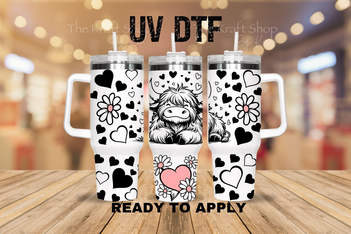 UV DTF 40 oz ready to apply Highland Cow Heart wrap decal , quencher tumbler decal #3225