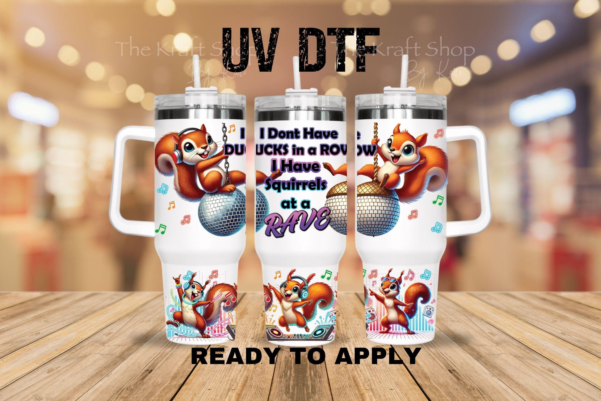 UV DTF 40 oz ready to apply Squirrels at a rave wrap decal , quencher tumbler decal #3234