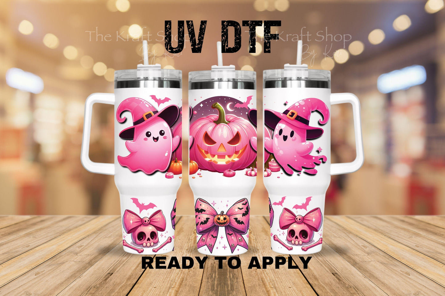 UV DTF 40 oz ready to apply Pink Ghost wrap decal , quencher tumbler decal #3238