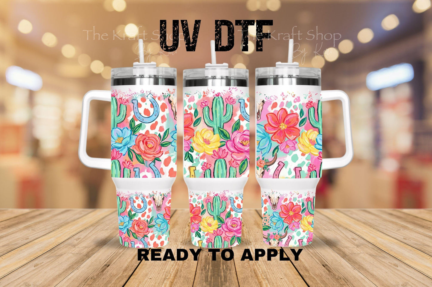 UV DTF 40 oz ready to apply Distressed Cactus Flower wrap decal , quencher tumbler decal #3240