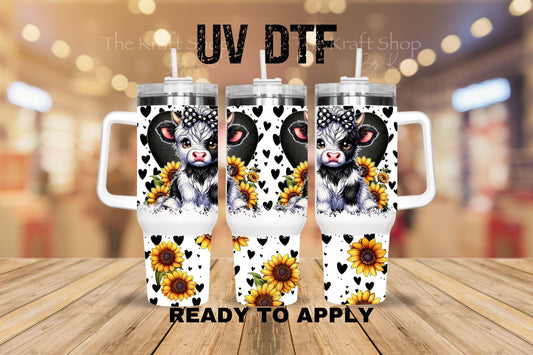 UV DTF 40 oz ready to apply Sunflowers Black and White Cow wrap decal , quencher tumbler decal #3243