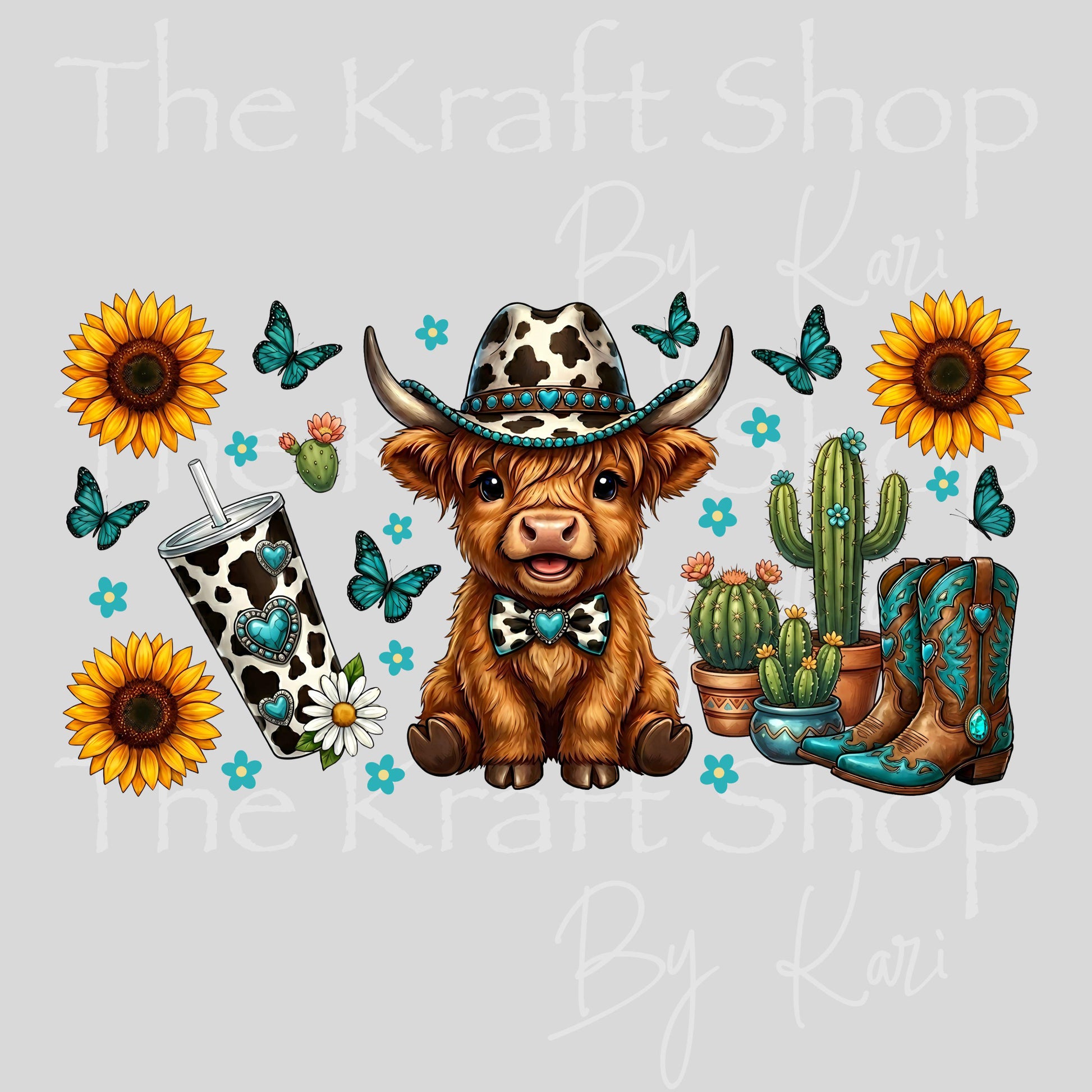 UV DTF Sticker print. Western Teal Highland Cow Wrap glass can wrap decal, tumbler decal, permanent sticker. #5576