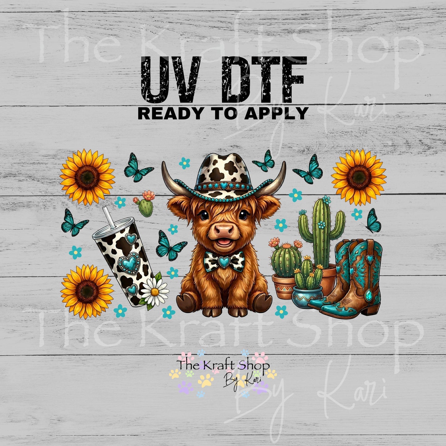 UV DTF Sticker print. Western Teal Highland Cow Wrap glass can wrap decal, tumbler decal, permanent sticker. #5576
