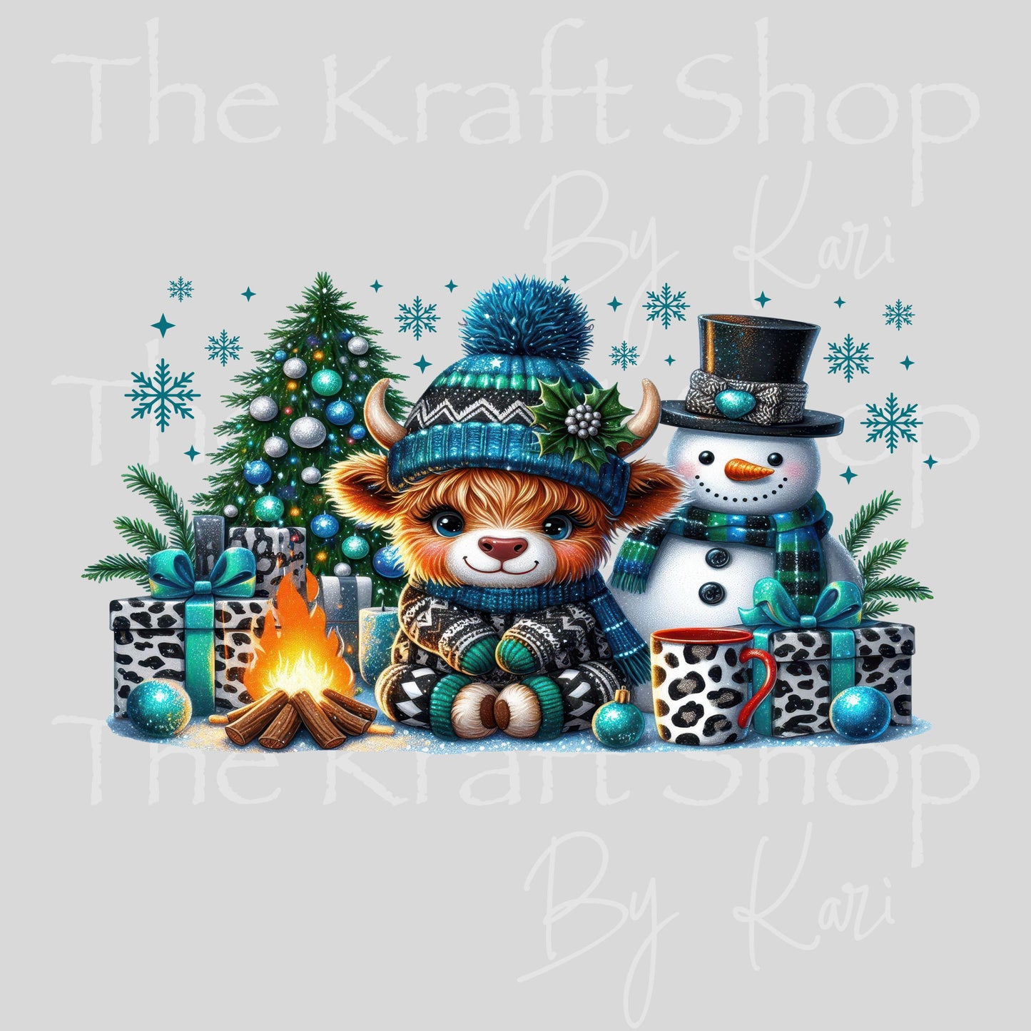 UV DTF Sticker print. Blue Xmas Cow glass can wrap decal, tumbler decal, permanent sticker. #5586