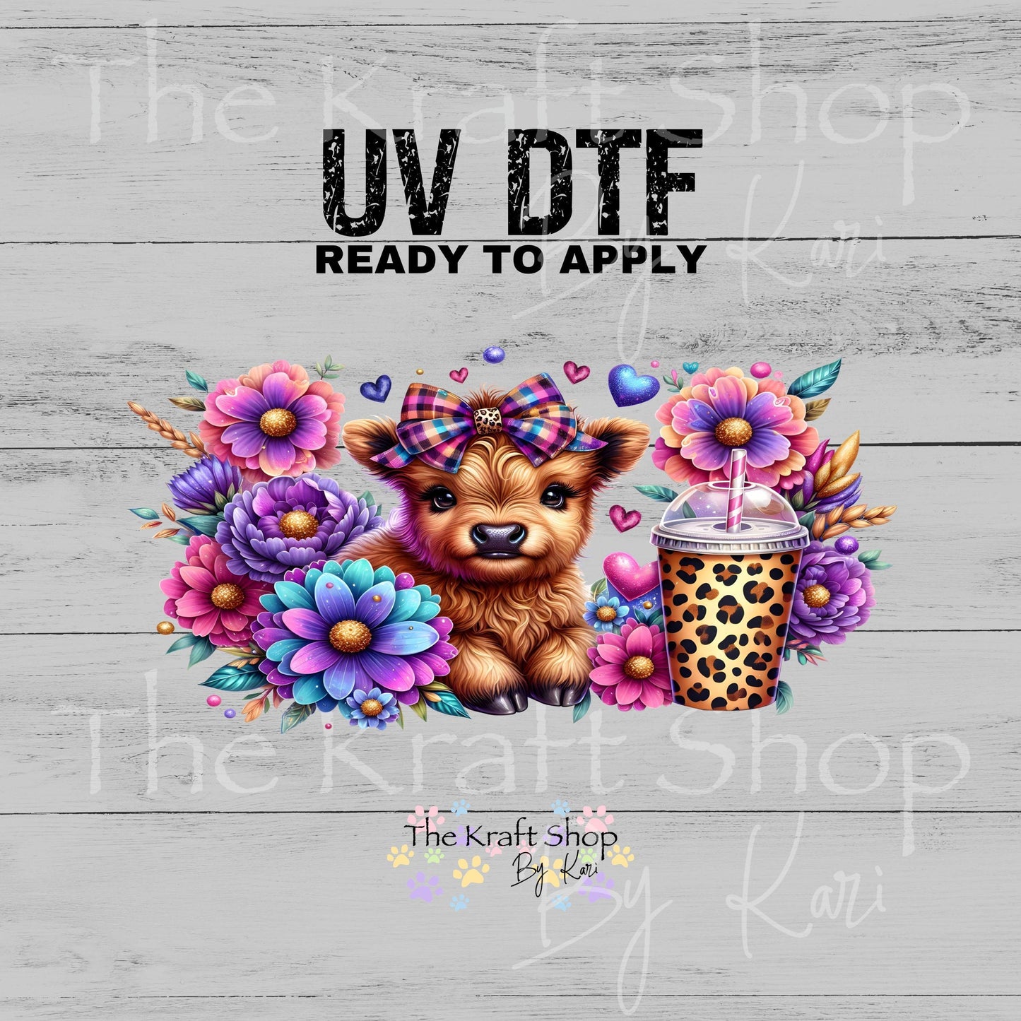 UV DTF Sticker print. Floral Highland Cow glass can wrap decal, tumbler decal, permanent sticker. #5583