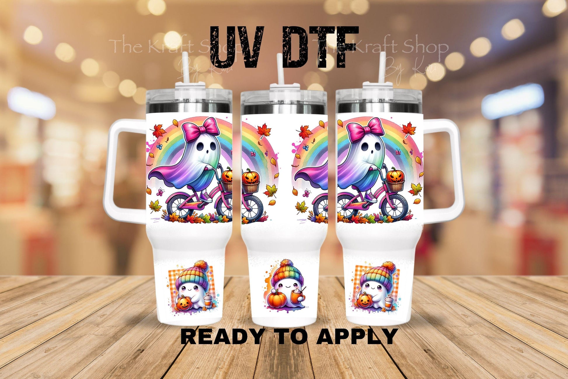 UV DTF 40 oz ready to apply Pink Bow Ghost Riding a Bike and Rainbows wrap decal , quencher tumbler decal #3217