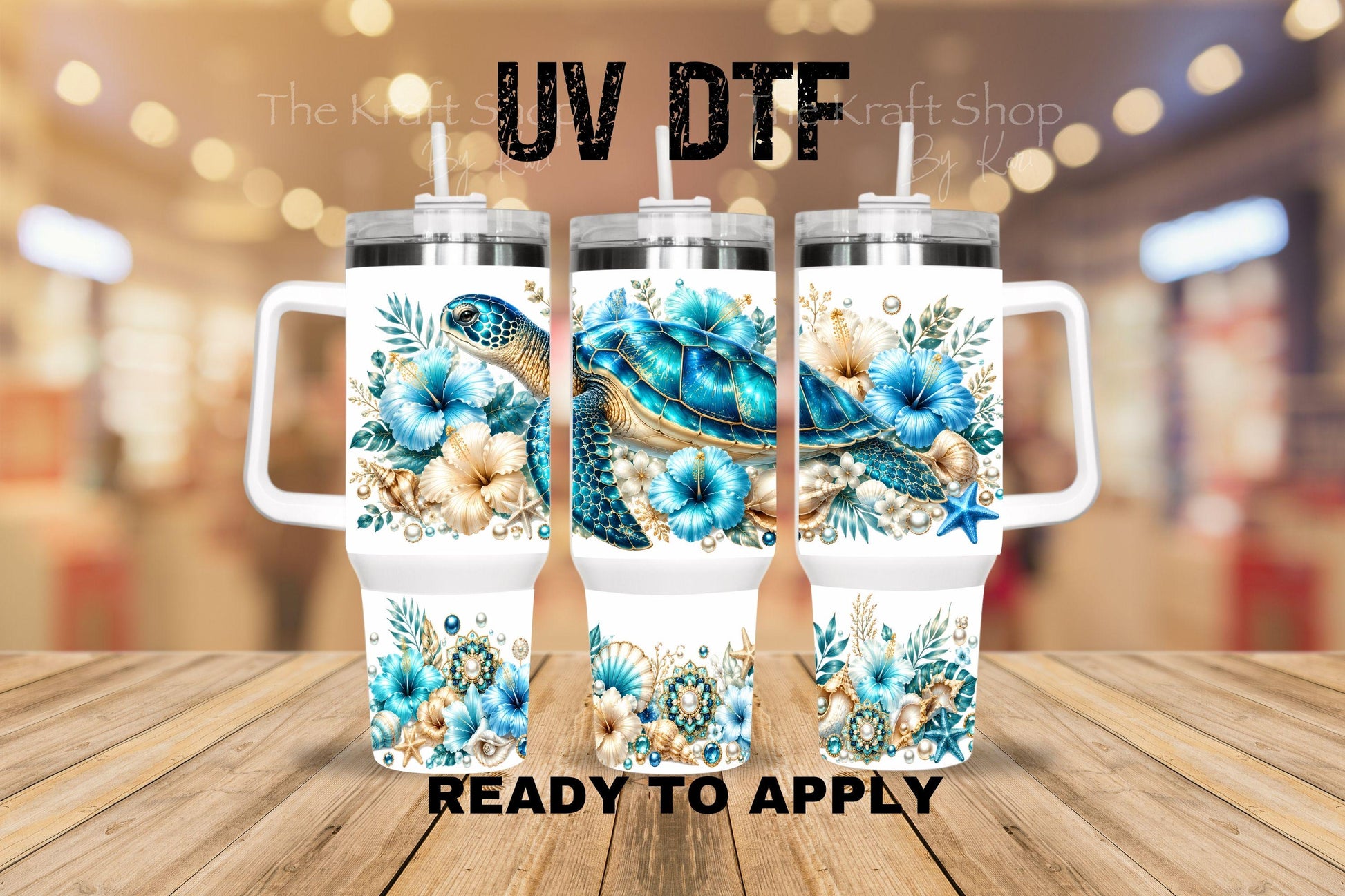 UV DTF 40 oz ready to apply Blue Pearls Turtle and flowers wrap decal , quencher tumbler decal #3219