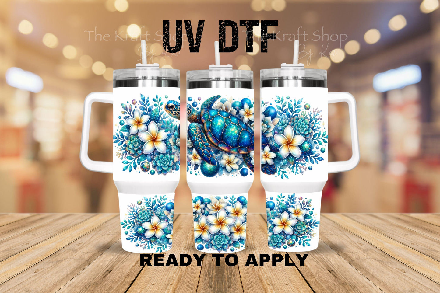 UV DTF 40 oz ready to apply White Flowers Turtle wrap decal , quencher tumbler decal #3220