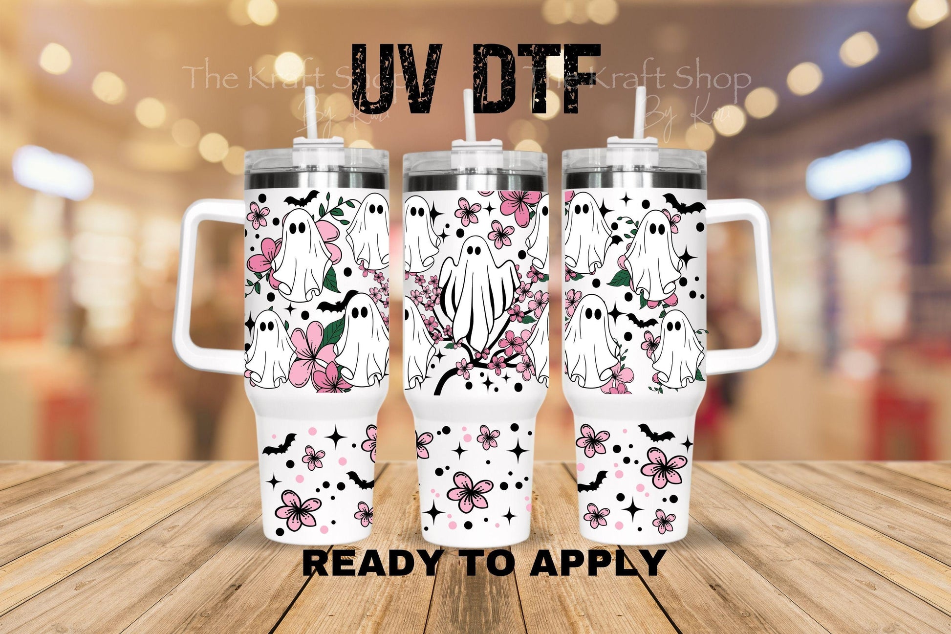 UV DTF 40 oz ready to apply Pink Flower Ghost wrap decal , quencher tumbler decal #3221