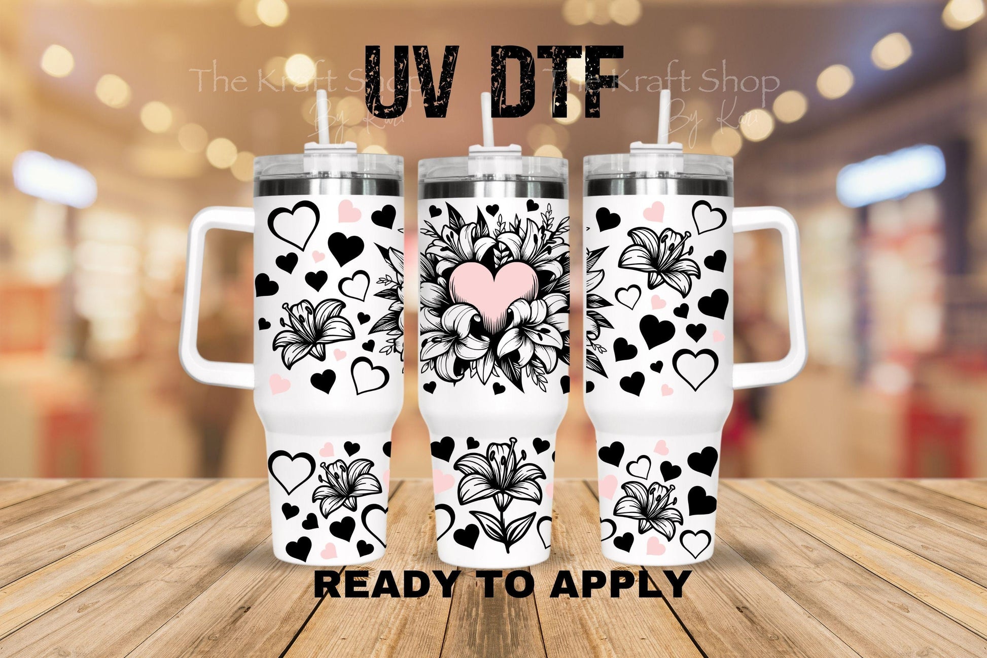 UV DTF 40 oz ready to apply Lily Hearts wrap decal , quencher tumbler decal #3228
