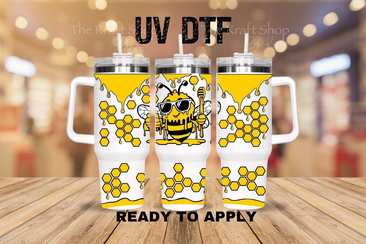 UV DTF 40 oz ready to apply Thumbs Up Bee with honeycomb drip wrap decal , quencher tumbler decal #3230