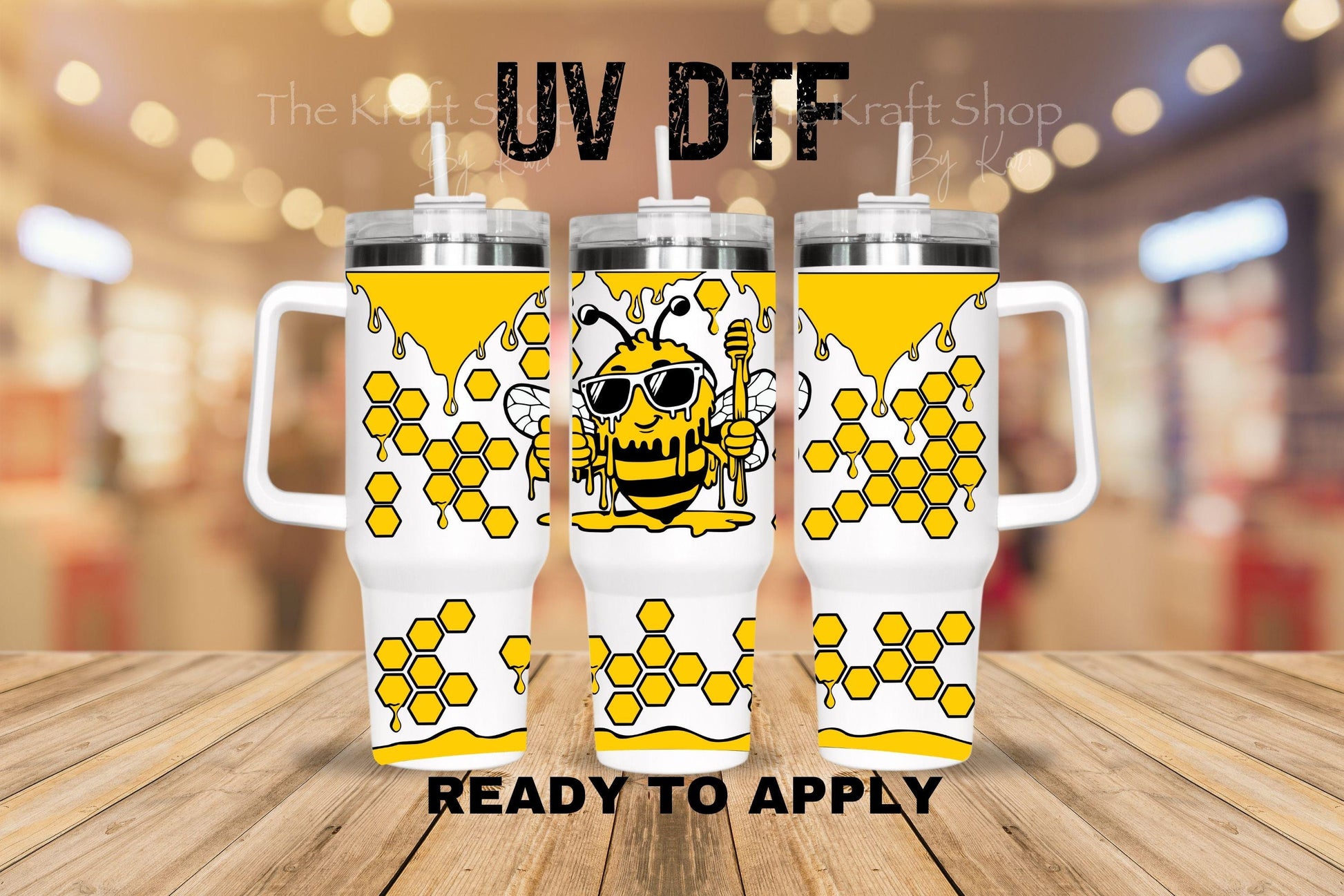 UV DTF 40 oz ready to apply Thumbs Up Bee with honeycomb drip wrap decal , quencher tumbler decal #3230