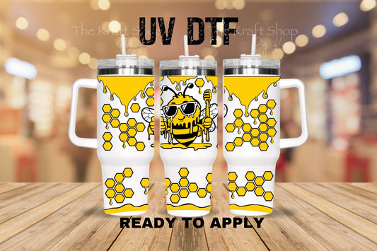 UV DTF 40 oz ready to apply Thumbs Up Bee with honeycomb drip wrap decal , quencher tumbler decal #3230