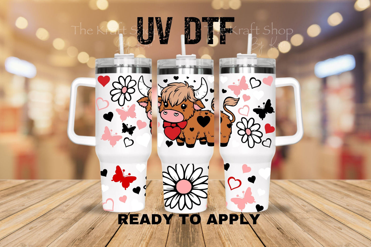 UV DTF 40 oz ready to apply Highland cow flowers butterfly wrap decal , quencher tumbler decal #3235