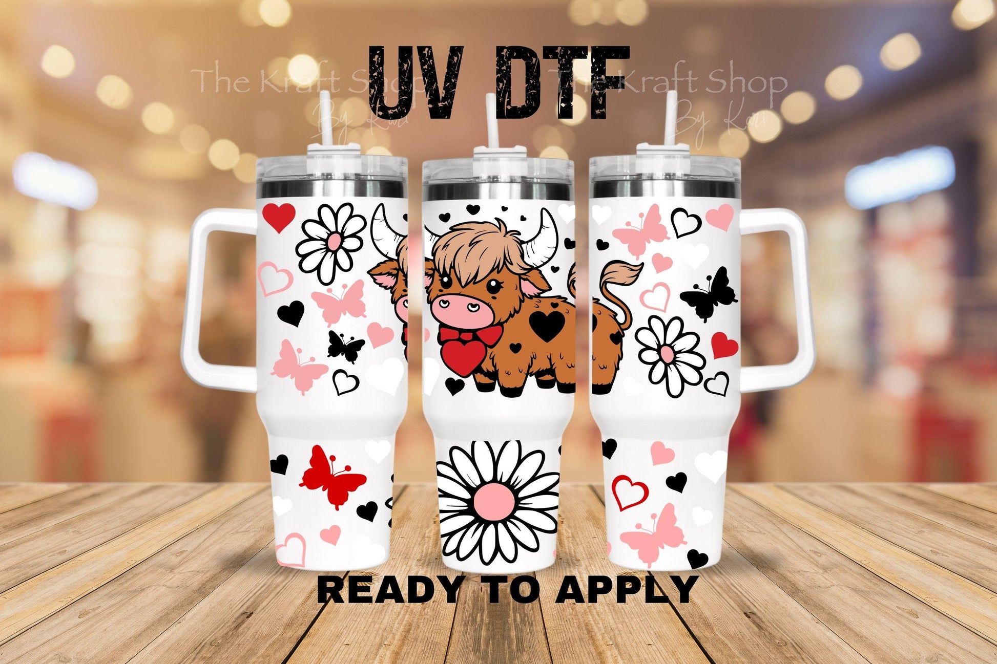 UV DTF 40 oz ready to apply Highland cow flowers butterfly wrap decal , quencher tumbler decal #3235