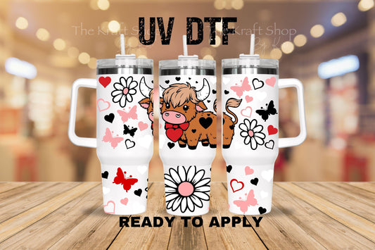 UV DTF 40 oz ready to apply Highland cow flowers butterfly wrap decal , quencher tumbler decal #3235