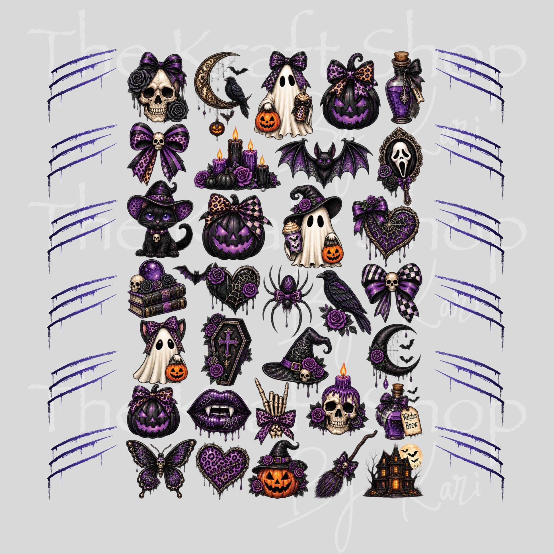 UV DTF Creepy Purple Halloween Elements mixed media bundle of decals sheet 10x10 decal #7756