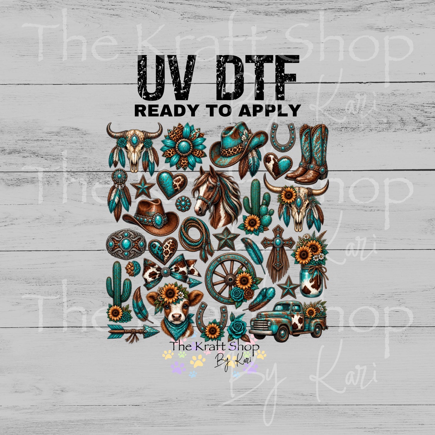 UV DTF Teal Brown Western Elements mixed media bundle of decals sheet 10x10 decal #2041