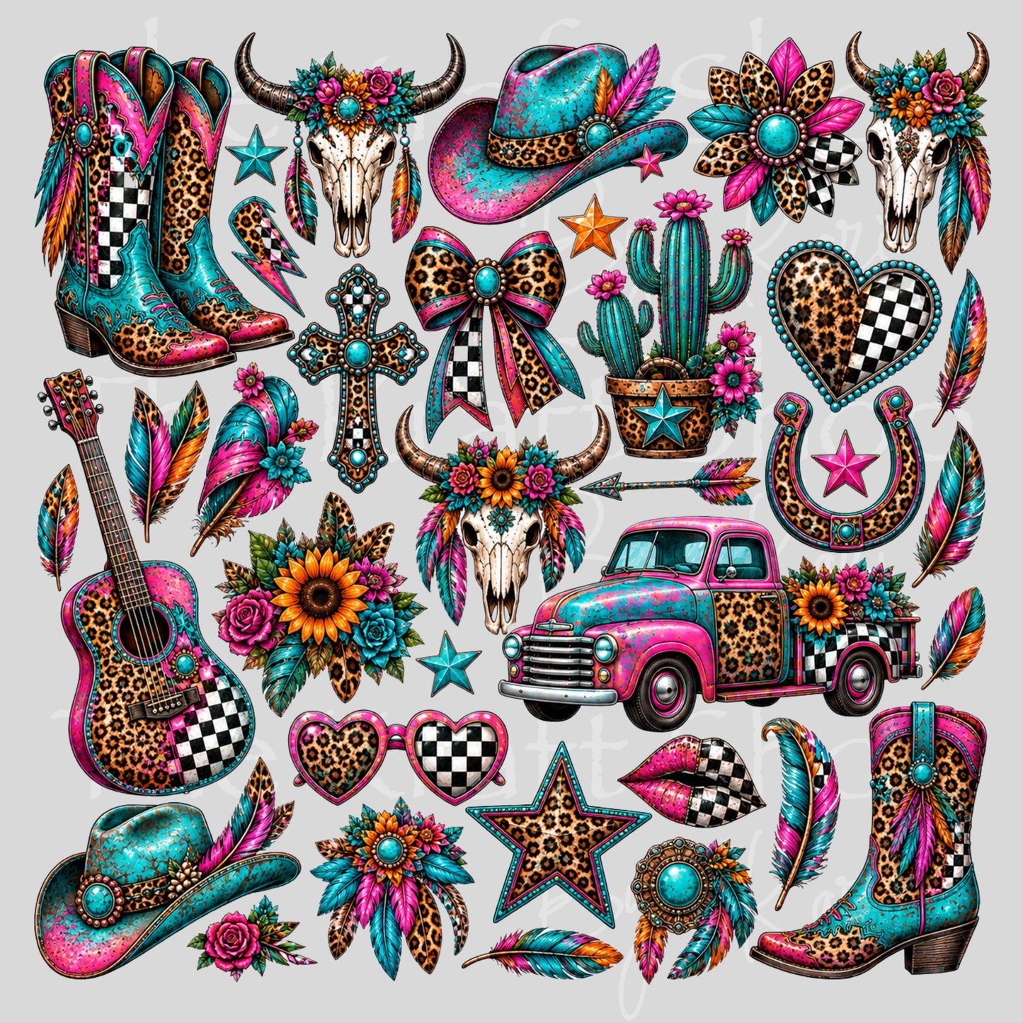 UV DTF Boho Western Neon Elements mixed media bundle of decals sheet 10x10 decal #2042