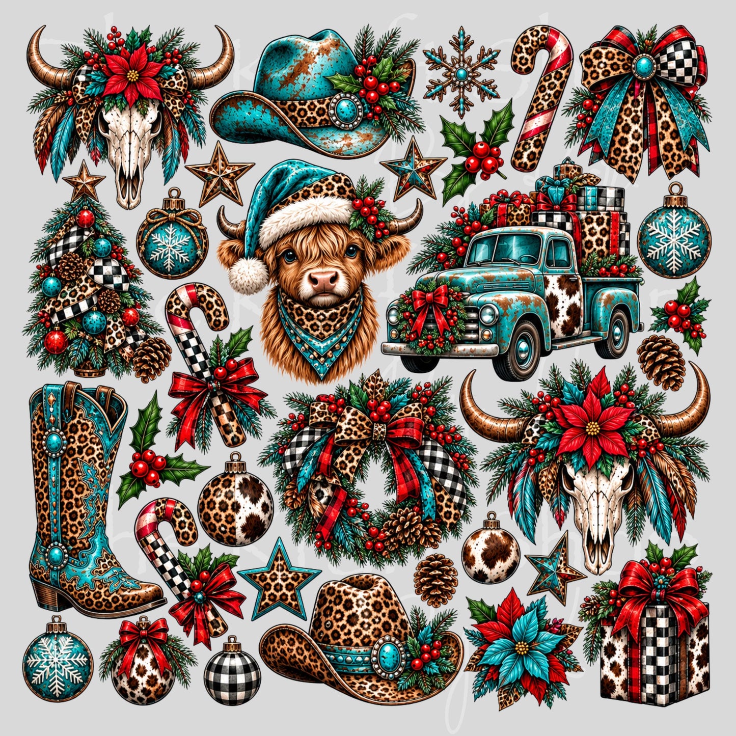 UV DTF Boho Teal Christmas Western Elements mixed media bundle of decals sheet 10x10 decal #7758