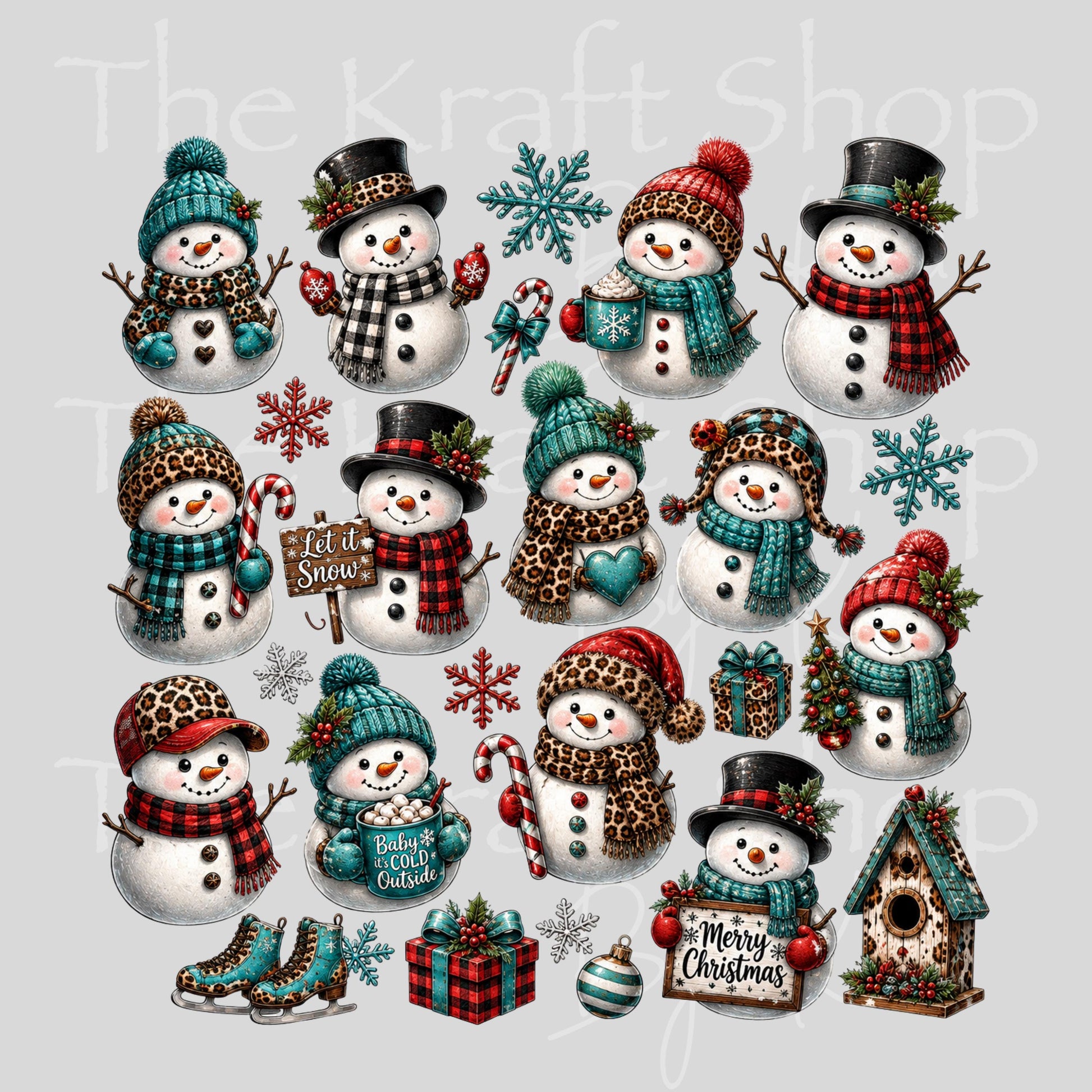 UV DTF Boho Snowman Christmas Elements mixed media bundle of decals sheet 10x10 decal #7759