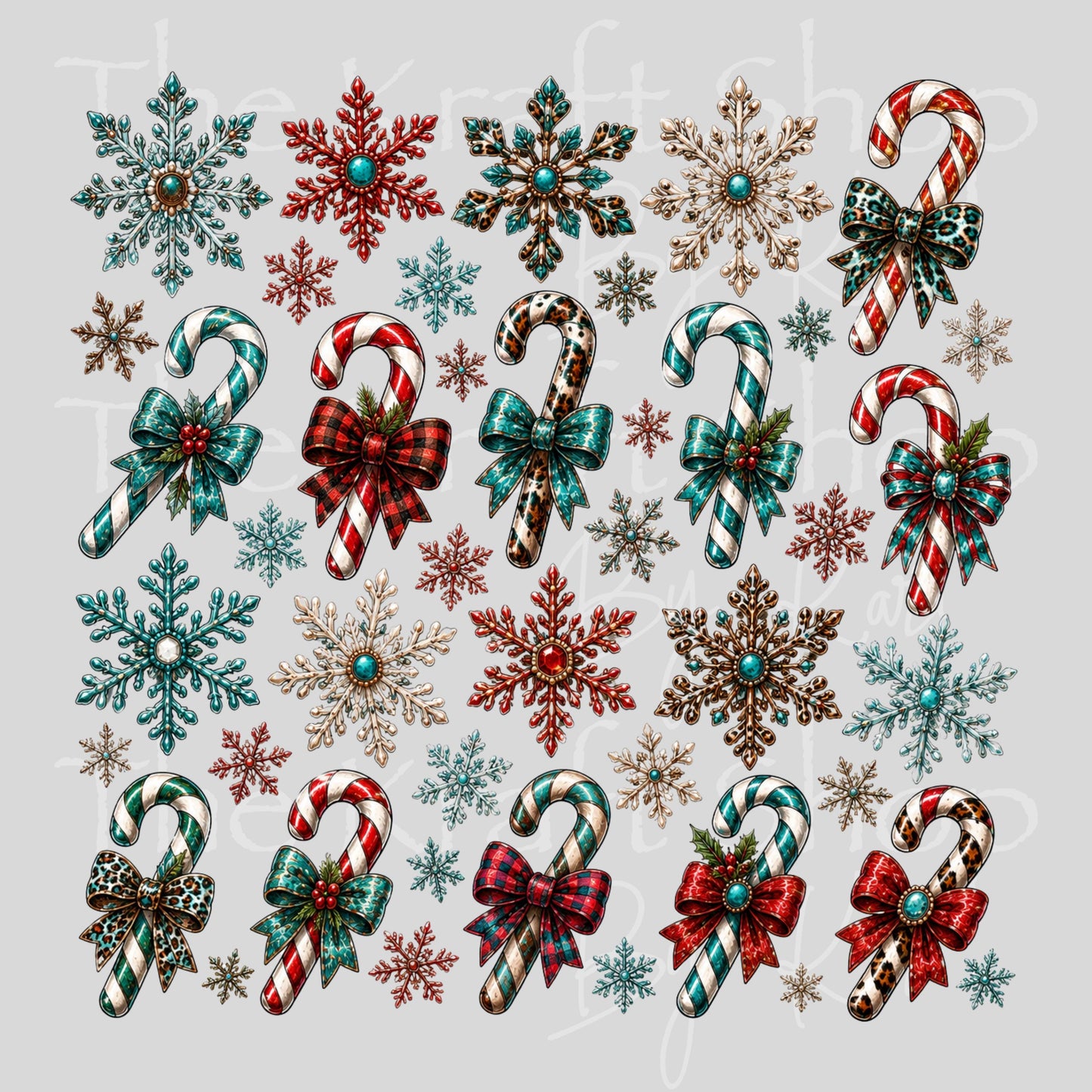 UV DTF Ornate Snowflakes and Candy Canes Christmas Elements mixed media bundle of decals sheet 10x10 decal #7760