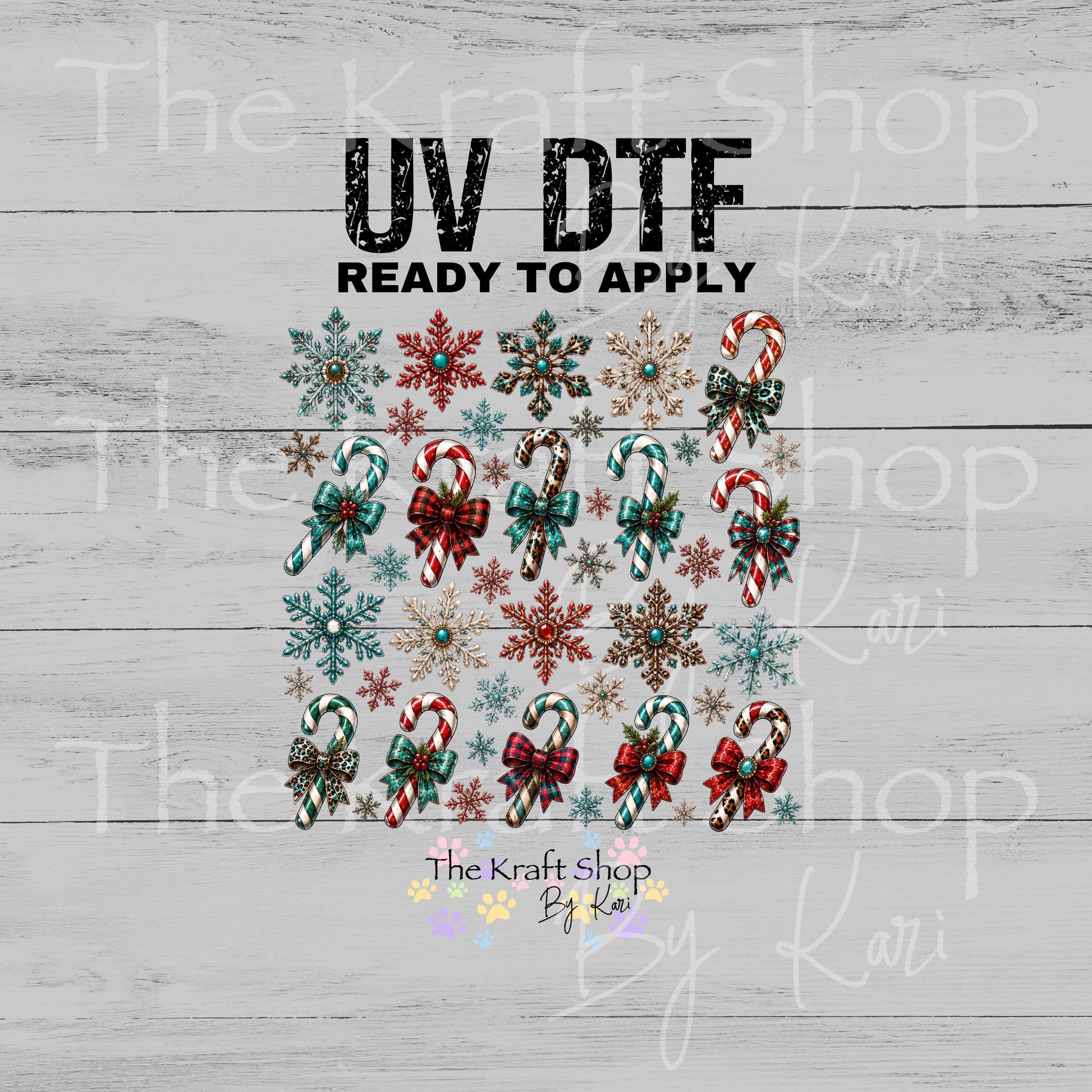 UV DTF Ornate Snowflakes and Candy Canes Christmas Elements mixed media bundle of decals sheet 10x10 decal #7760