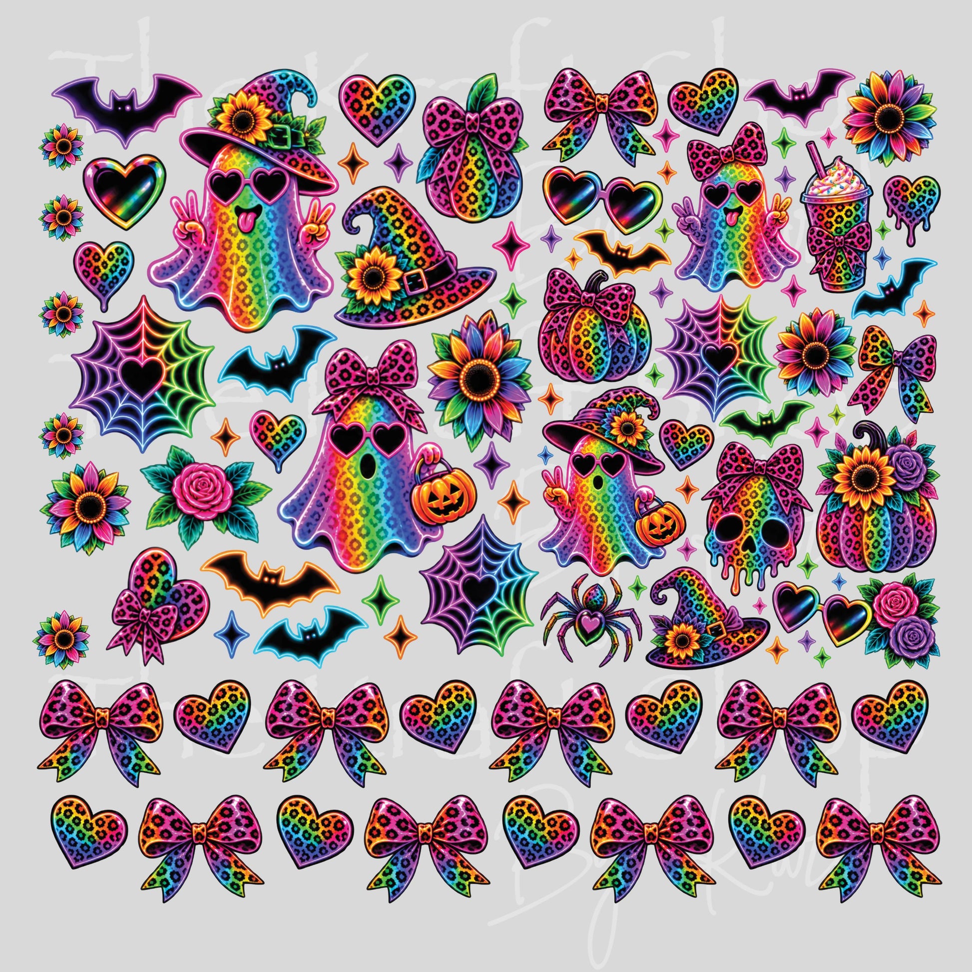 UV DTF Neon Leopard Ghost Halloween Elements mixed media bundle of decals sheet 10x10 decal #7761