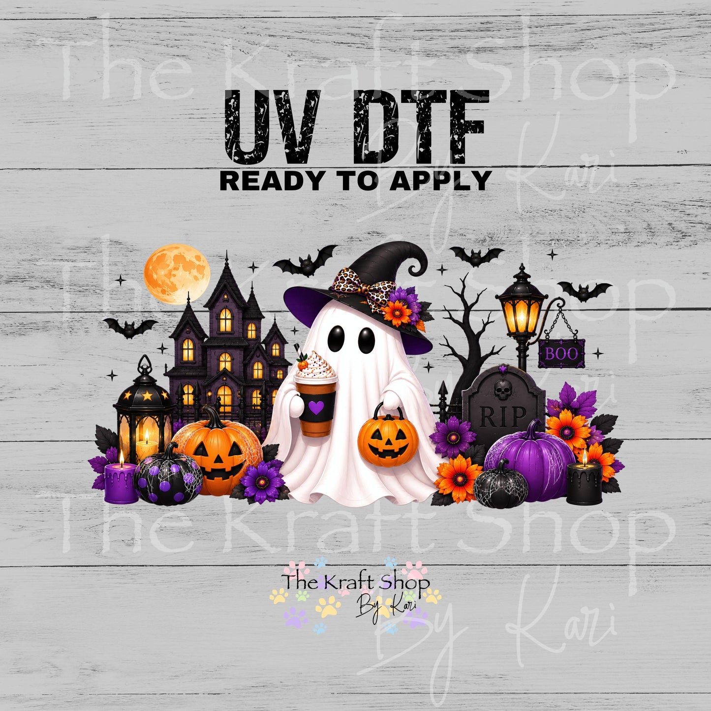 UV DTF Sticker print. Ghost Halloween Wrap glass can wrap decal, tumbler decal, permanent sticker. #5566