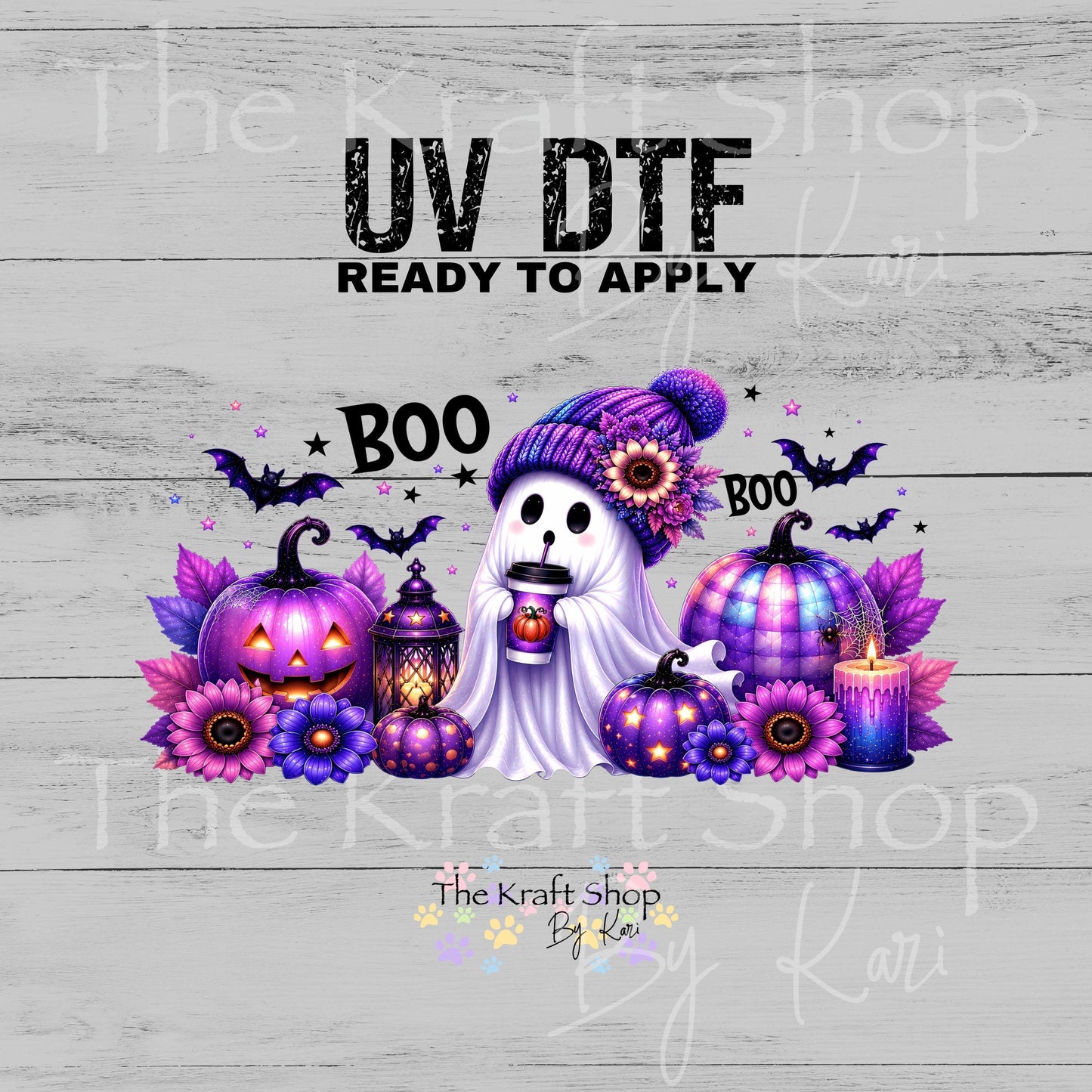 UV DTF Sticker print. Purple Boo Ghost Wrap glass can wrap decal, tumbler decal, permanent sticker. #5574