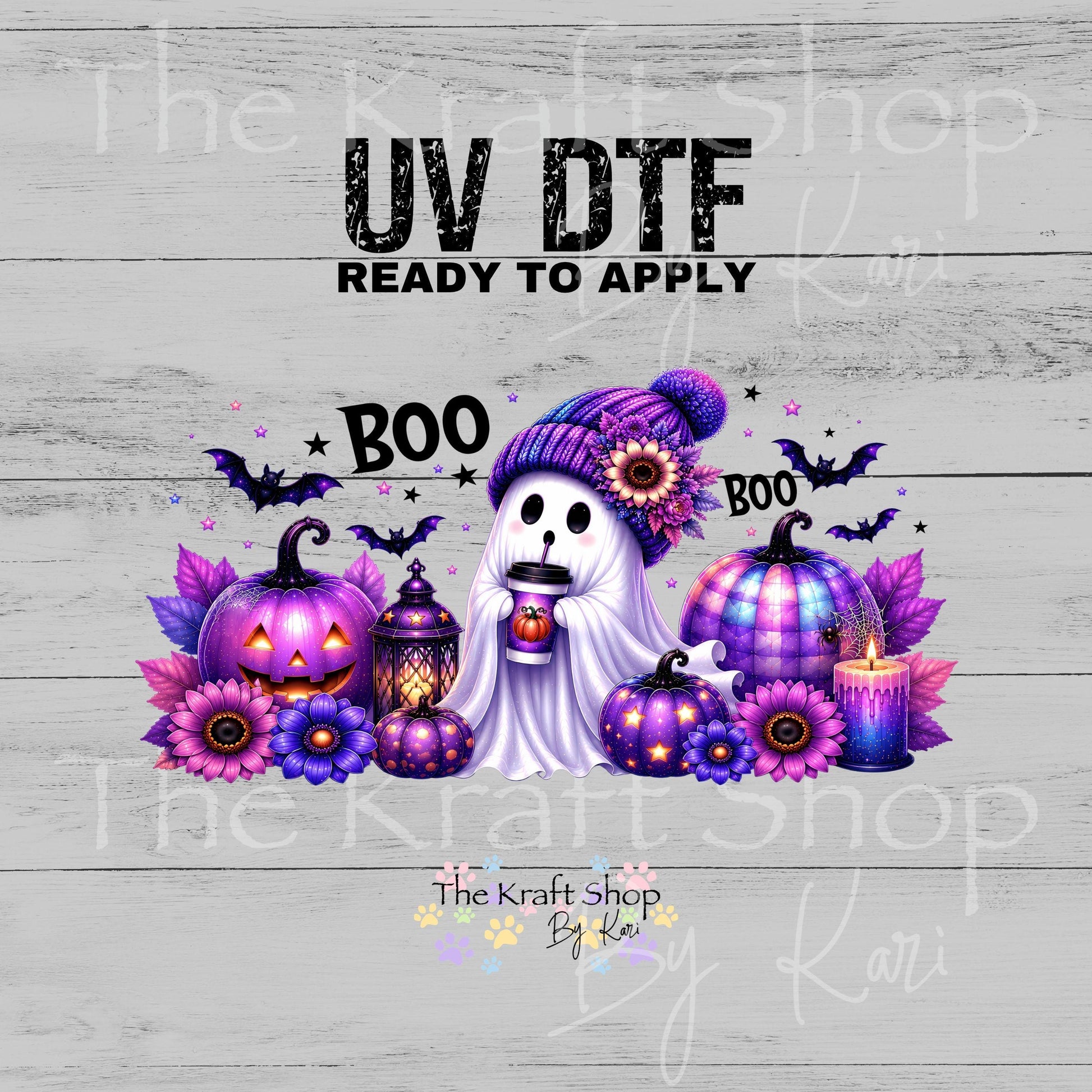UV DTF Sticker print. Purple Boo Ghost Wrap glass can wrap decal, tumbler decal, permanent sticker. #5574