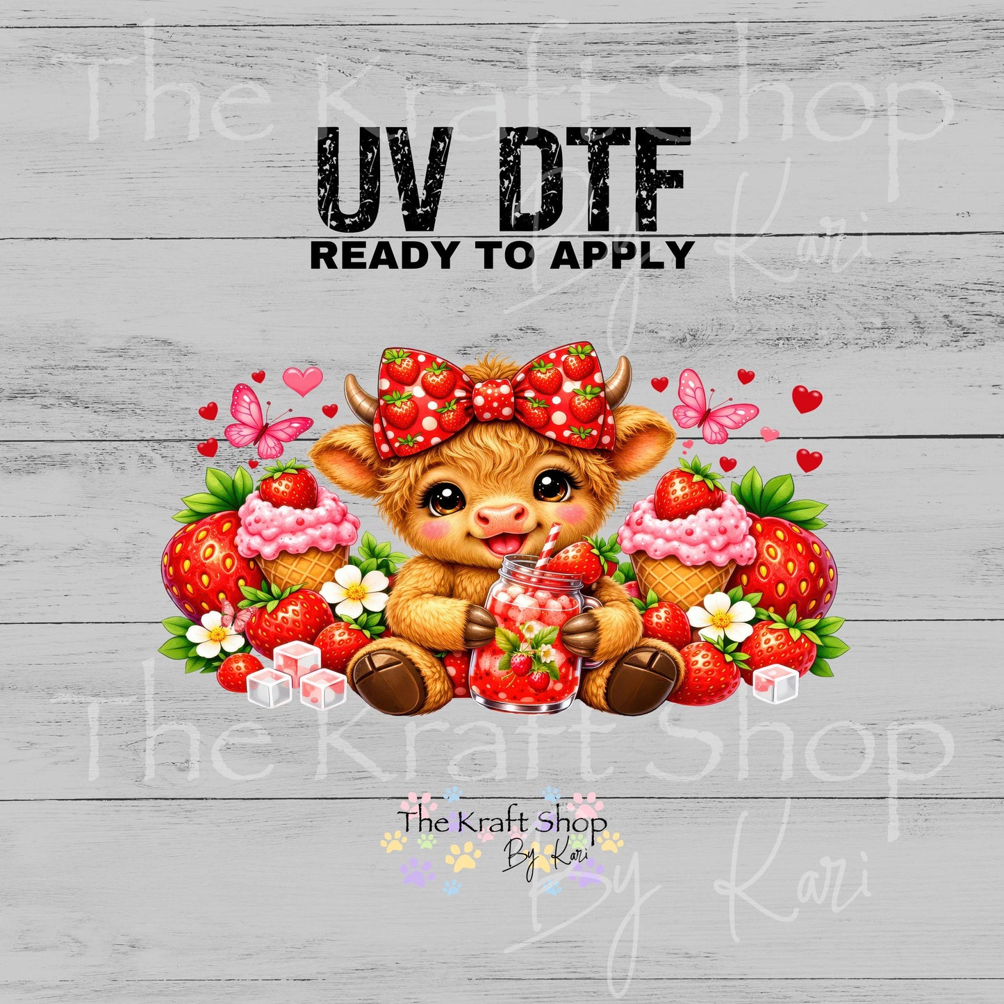 UV DTF Sticker print. Strawberry Highland Cow Wrap glass can wrap decal, tumbler decal, permanent sticker. #5579
