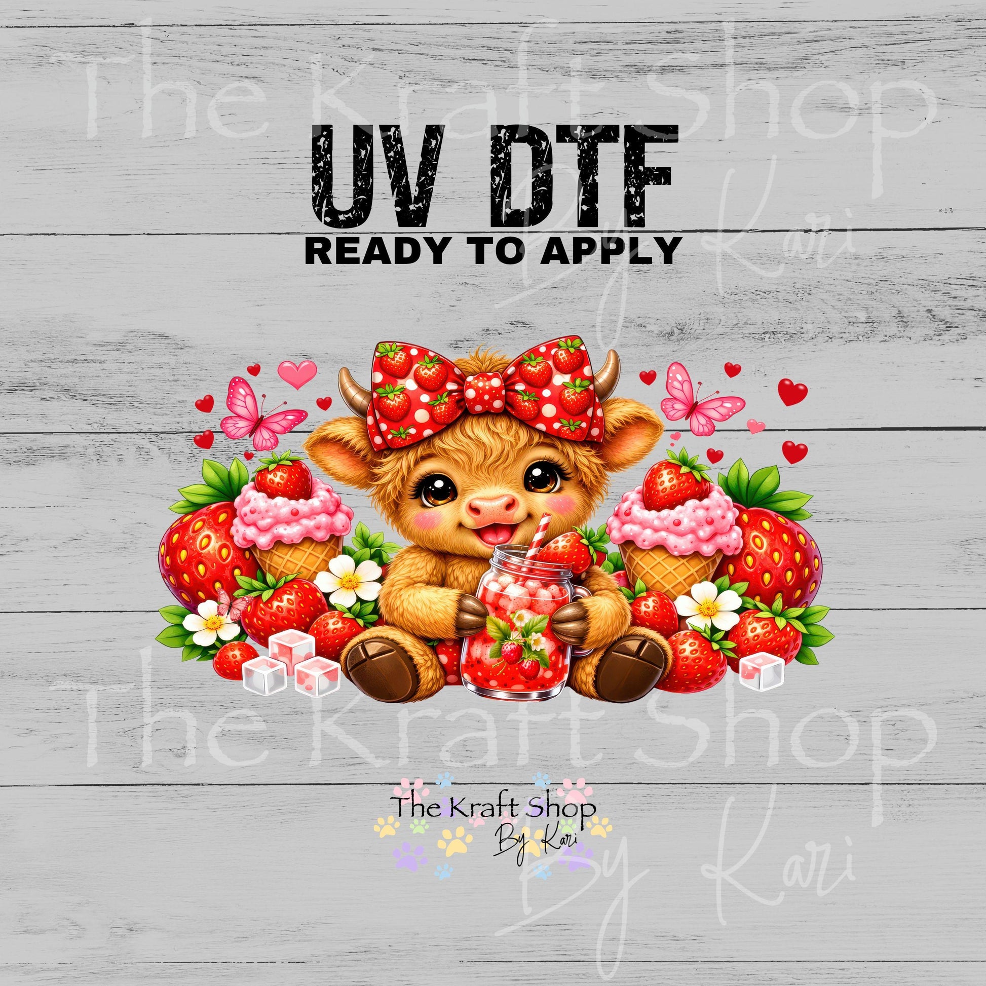 UV DTF Sticker print. Strawberry Highland Cow Wrap glass can wrap decal, tumbler decal, permanent sticker. #5579