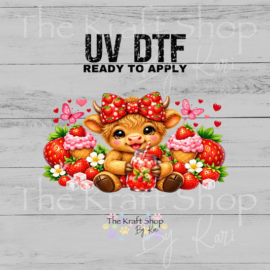 UV DTF Sticker print. Strawberry Highland Cow Wrap glass can wrap decal, tumbler decal, permanent sticker. #5579