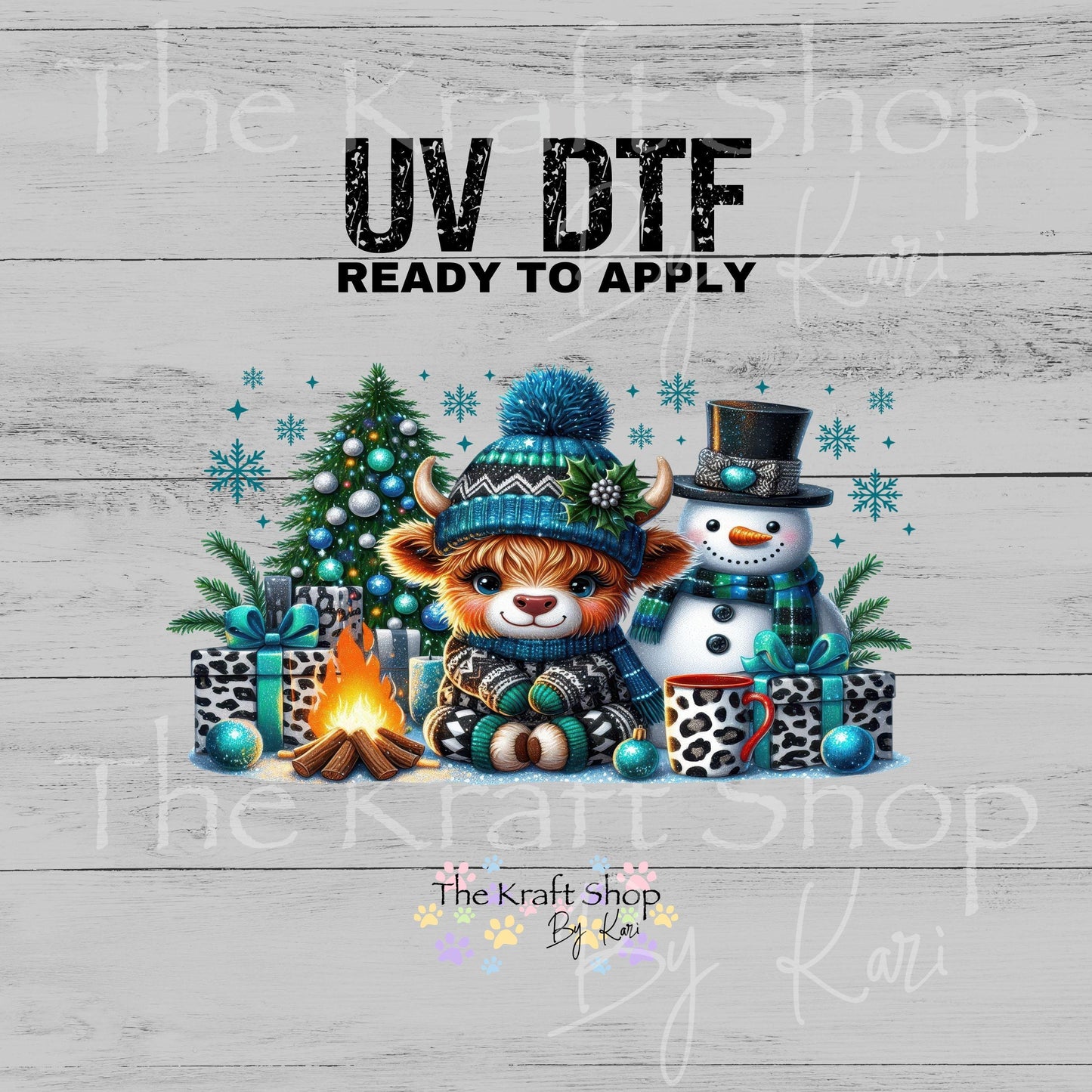 UV DTF Sticker print. Blue Xmas Cow glass can wrap decal, tumbler decal, permanent sticker. #5586