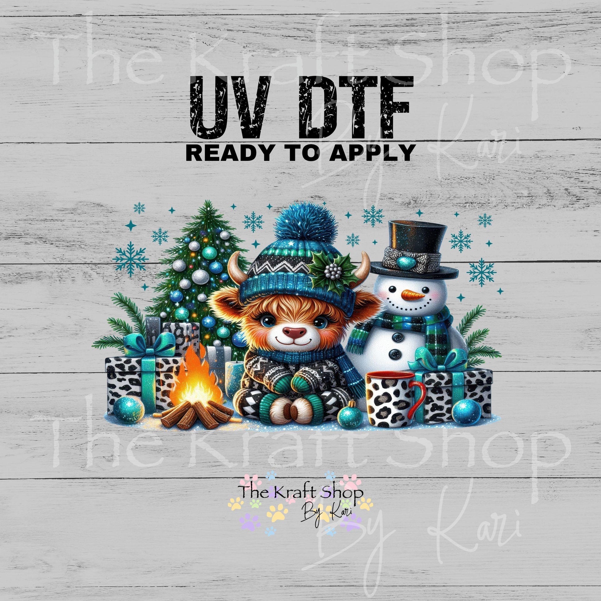 UV DTF Sticker print. Blue Xmas Cow glass can wrap decal, tumbler decal, permanent sticker. #5586