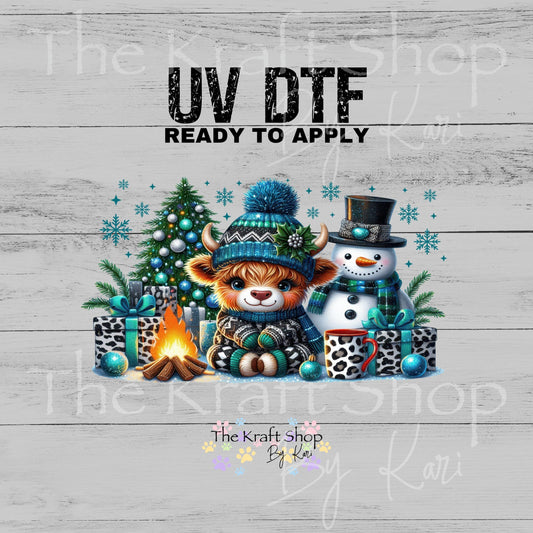 UV DTF Sticker print. Blue Xmas Cow glass can wrap decal, tumbler decal, permanent sticker. #5586