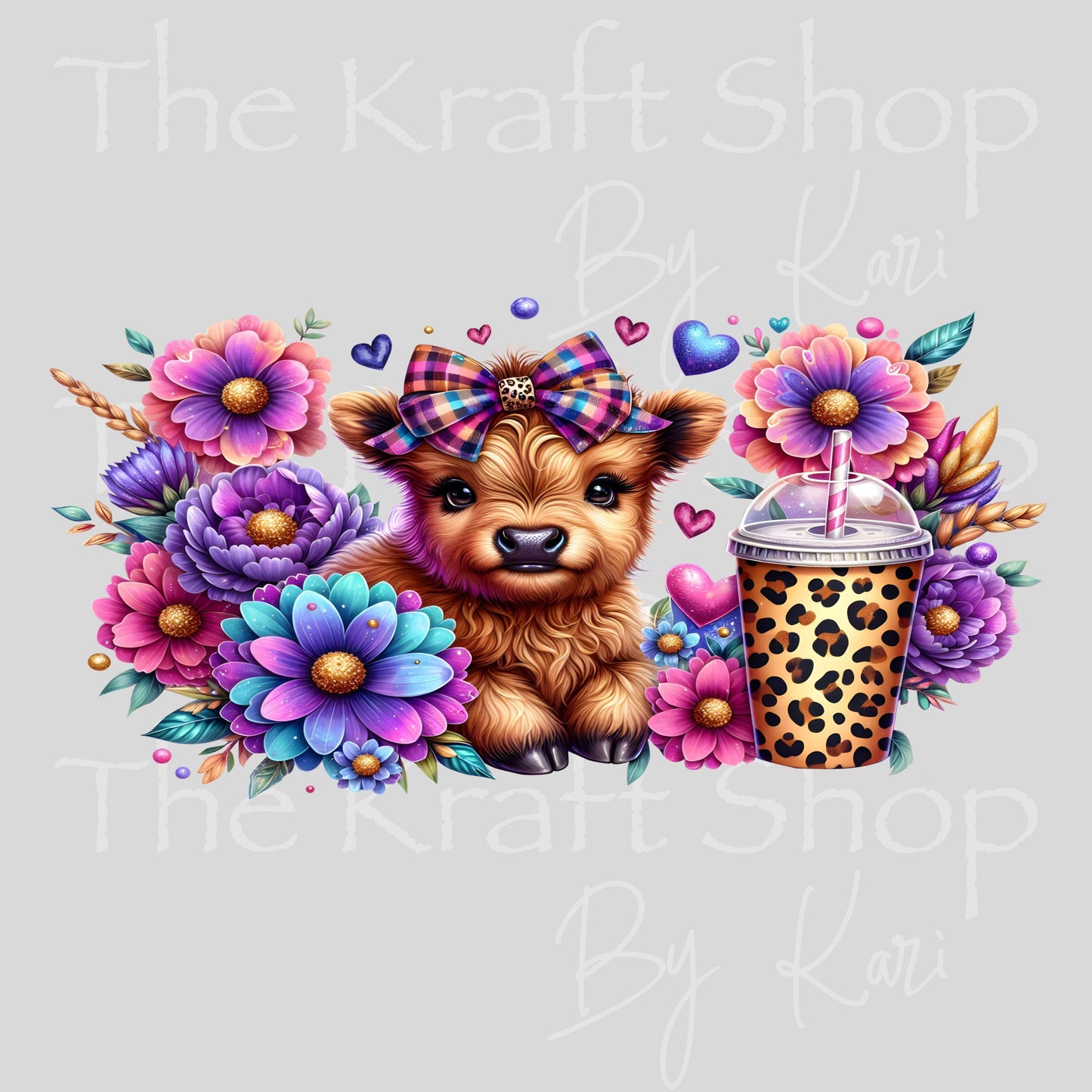 UV DTF Sticker print. Floral Highland Cow glass can wrap decal, tumbler decal, permanent sticker. #5583
