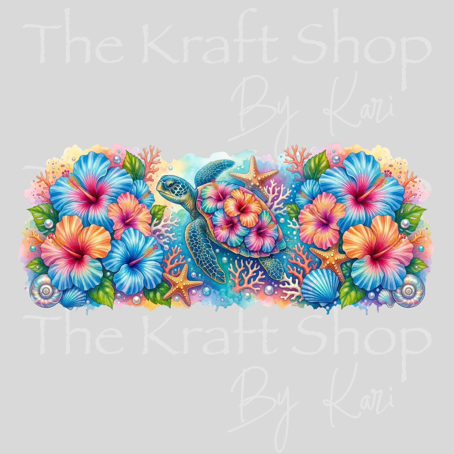 UV DTF Sticker print. Hibiscus Sea Turtle glass can wrap decal, tumbler decal, permanent sticker. #5584