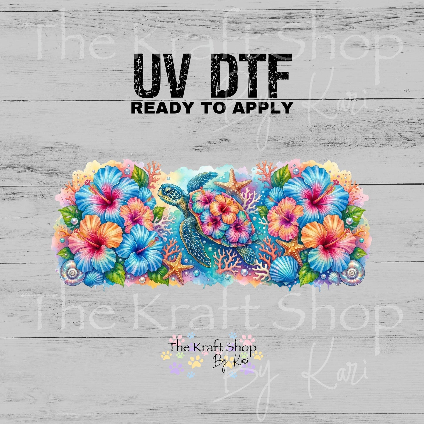 UV DTF Sticker print. Hibiscus Sea Turtle glass can wrap decal, tumbler decal, permanent sticker. #5584