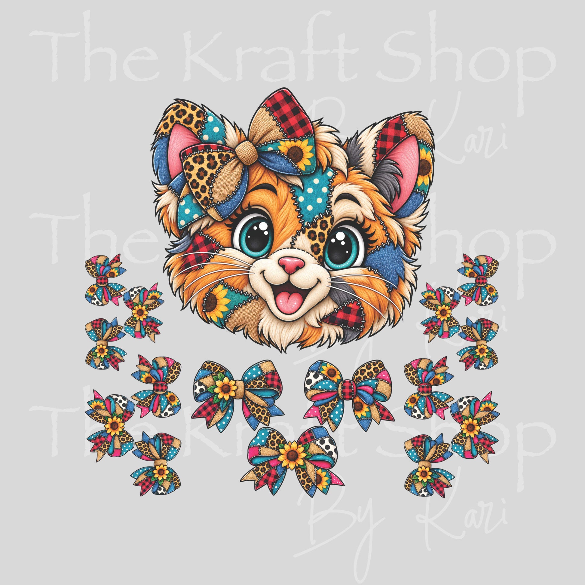 UV DTF Sticker print. Cute Patchwork Cat element sheet of decals, tumbler decal, permanent sticker. #10554