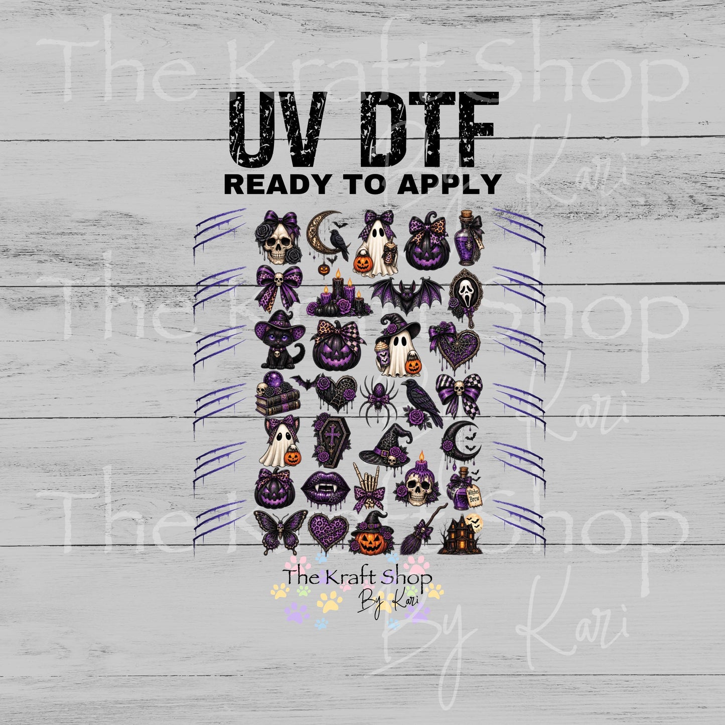 UV DTF Creepy Purple Halloween Elements mixed media bundle of decals sheet 10x10 decal #7756