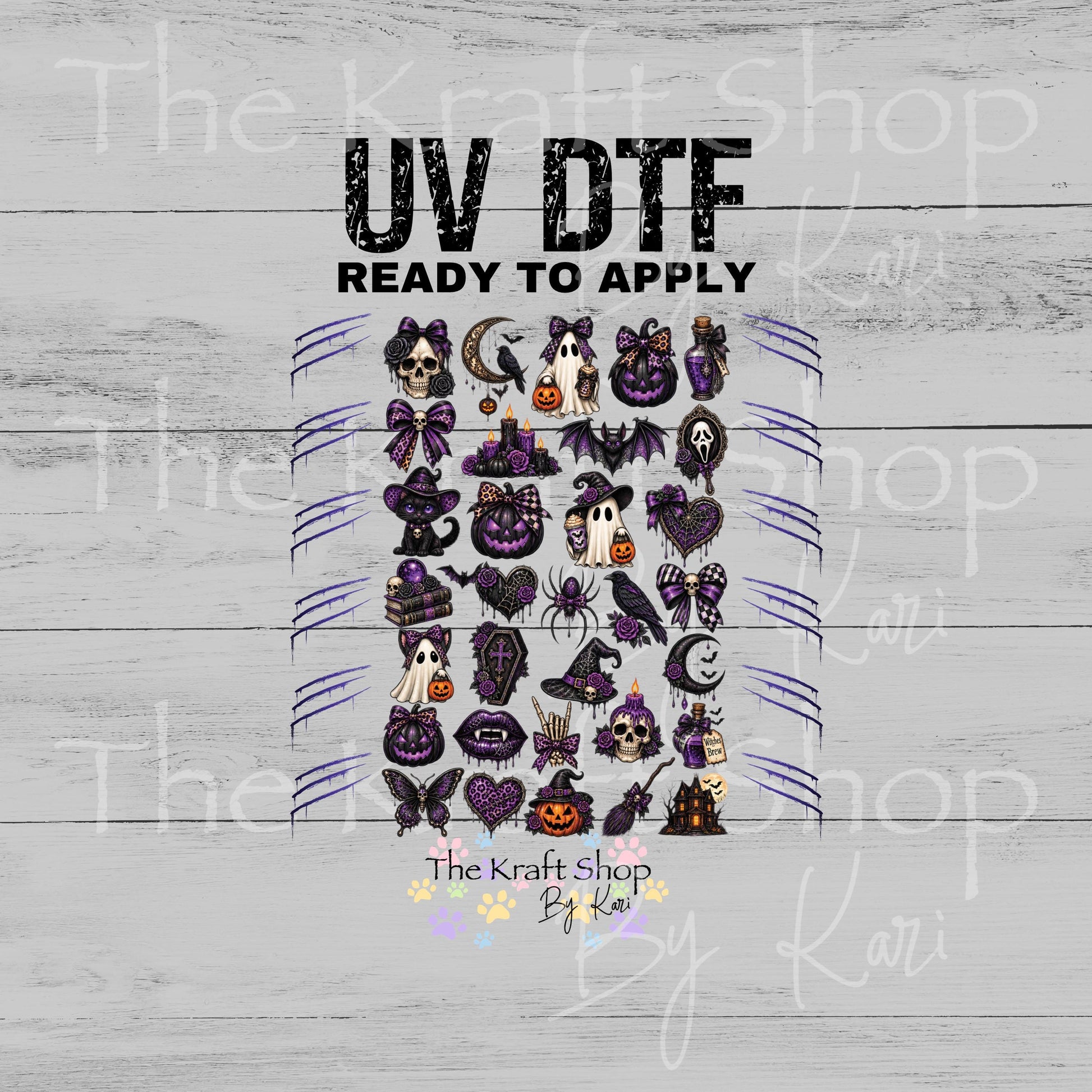 UV DTF Creepy Purple Halloween Elements mixed media bundle of decals sheet 10x10 decal #7756