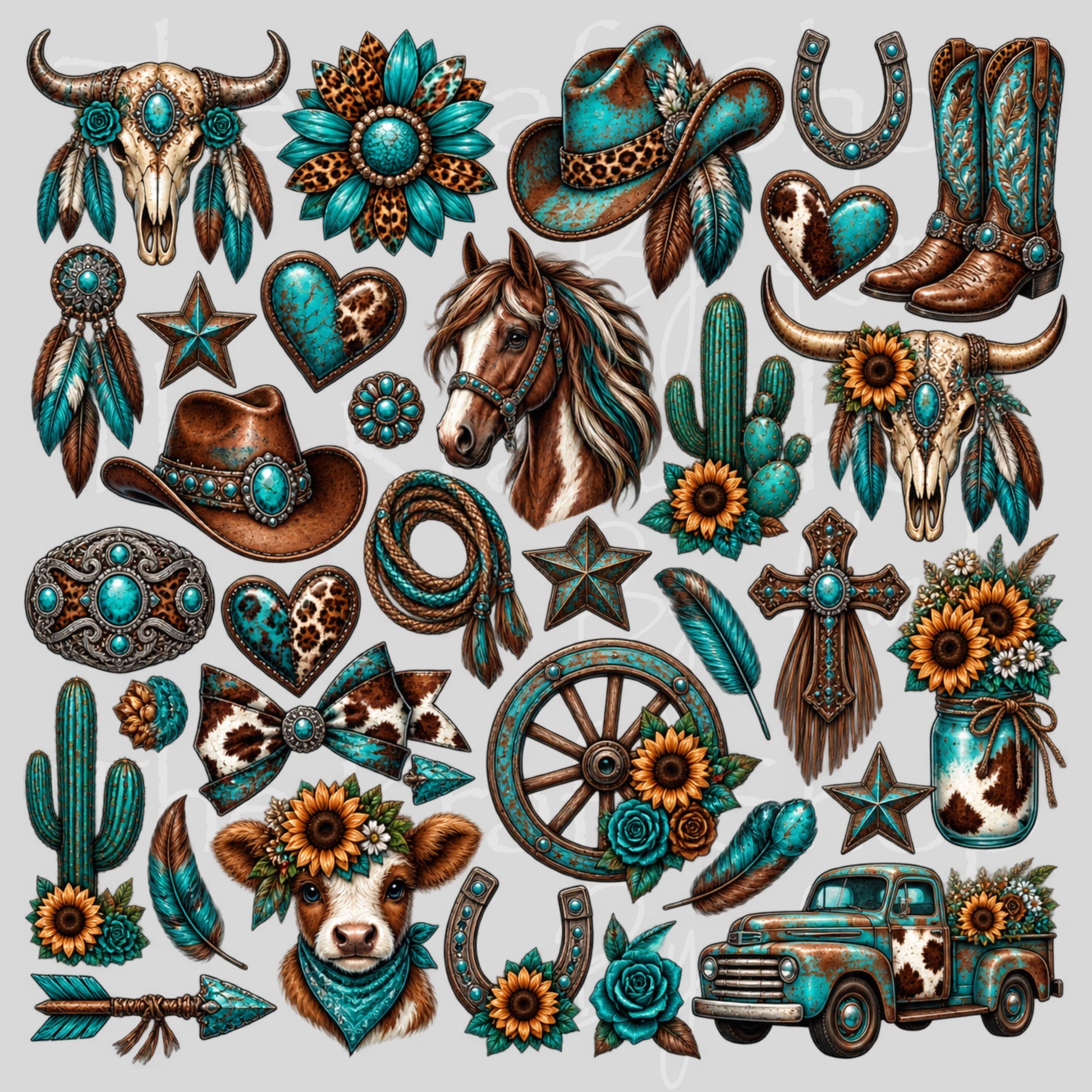 UV DTF Teal Brown Western Elements mixed media bundle of decals sheet 10x10 decal #2041
