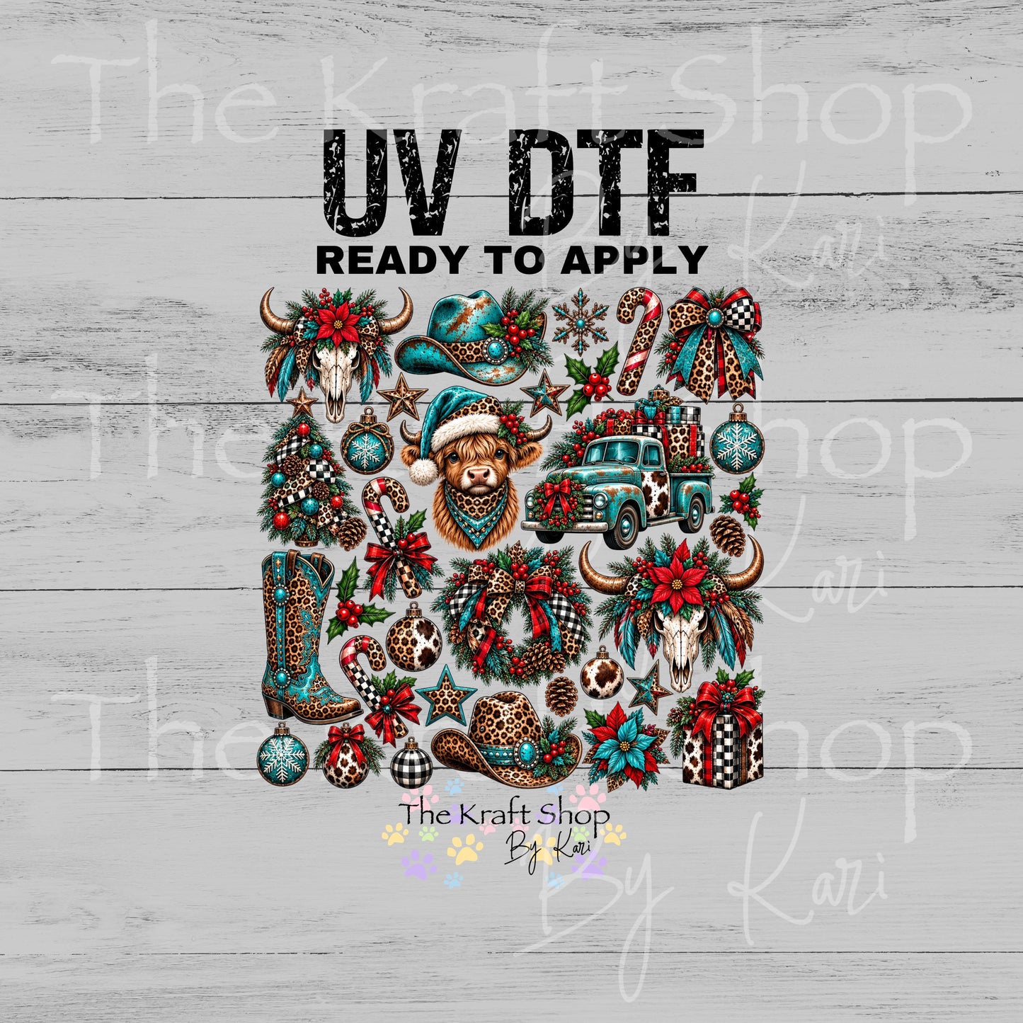 UV DTF Boho Teal Christmas Western Elements mixed media bundle of decals sheet 10x10 decal #7758