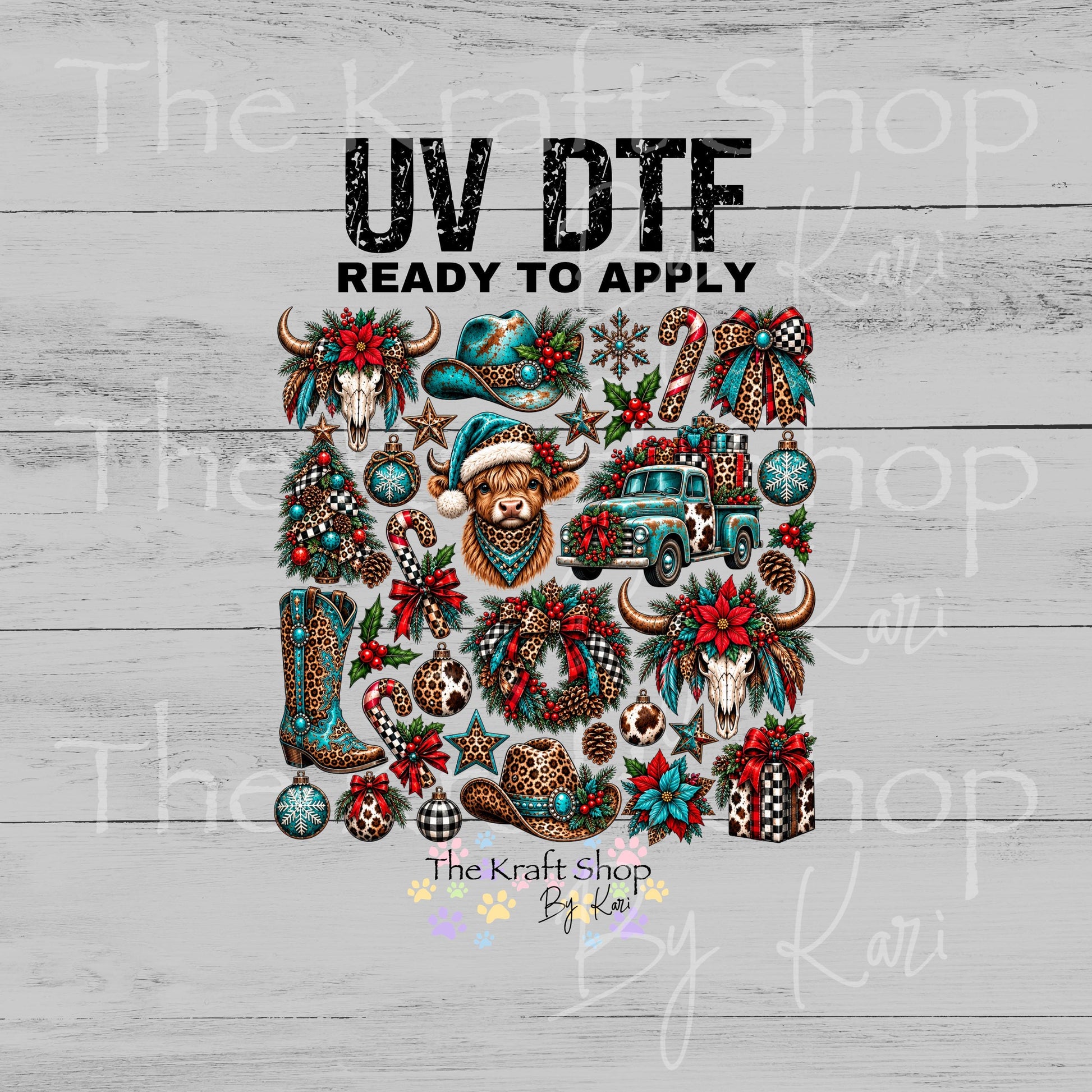 UV DTF Boho Teal Christmas Western Elements mixed media bundle of decals sheet 10x10 decal #7758